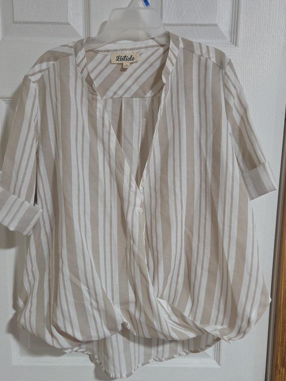 Listicle Beige and White Striped Button-Front Blouse